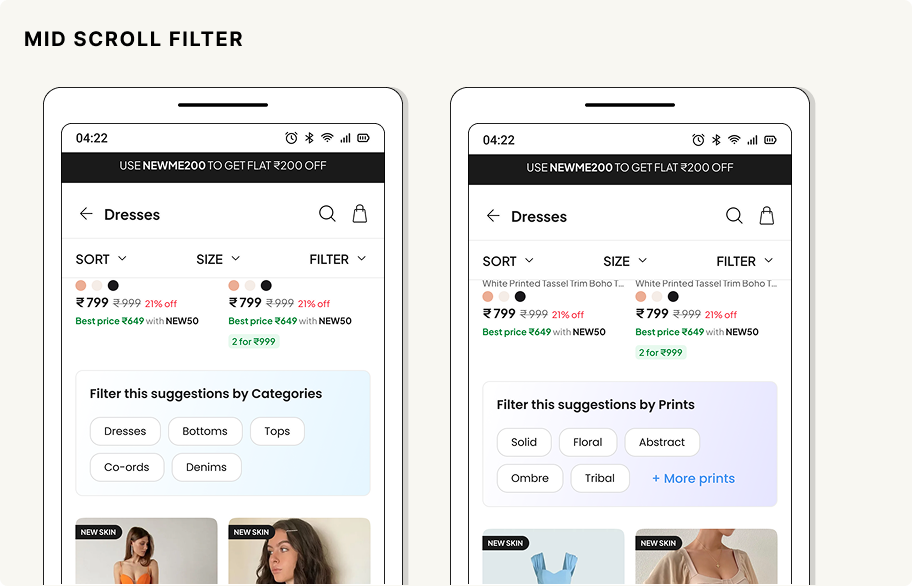 Mid-scroll filter implementation